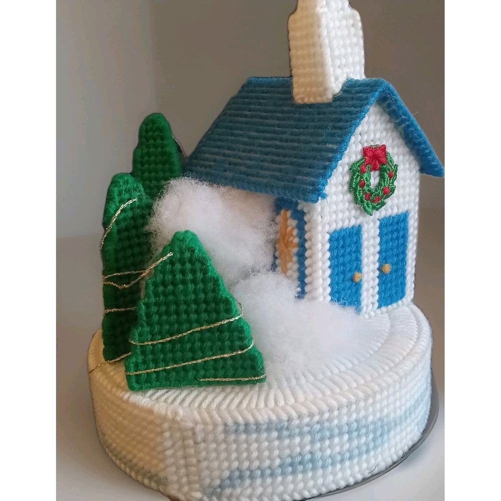 VTG Completed Needlepoint Christmas Church Plastic Canvas 10"x6" Rotates Music